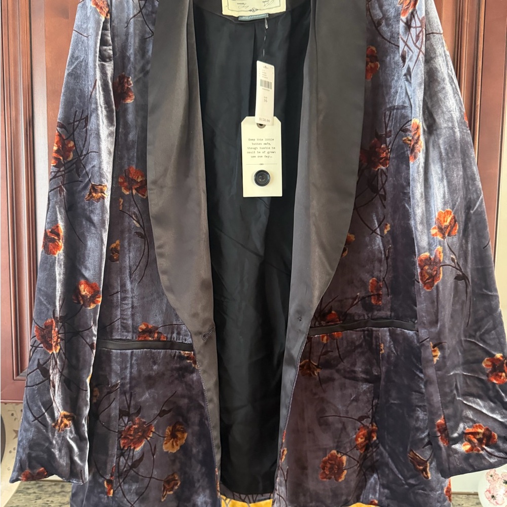 Cartonnier Velvet Floral Blazer in Deep Blue with Rust Floral Accents